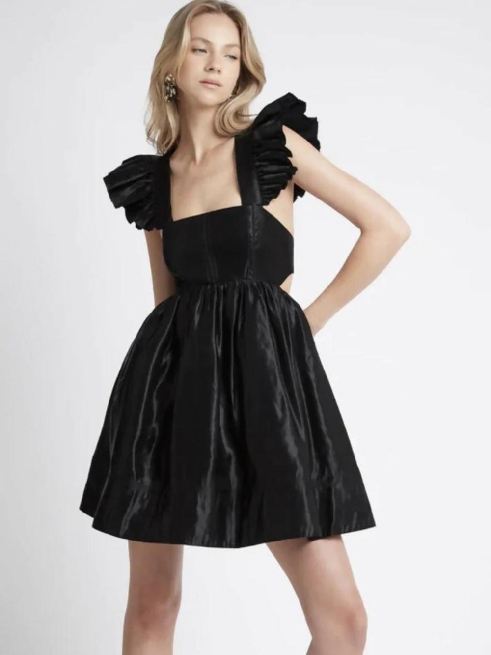 Altar’d State Black Satin Ruffle Sleeve Tie-Back Mini Dress